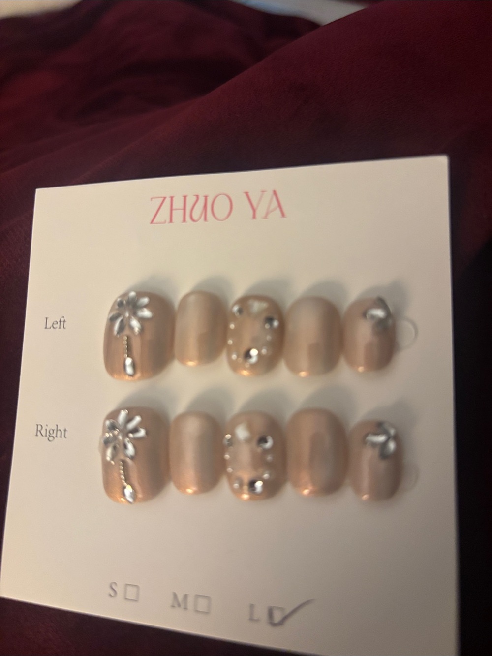 Beige Faux-Nail Set with Silver Floral Accents
